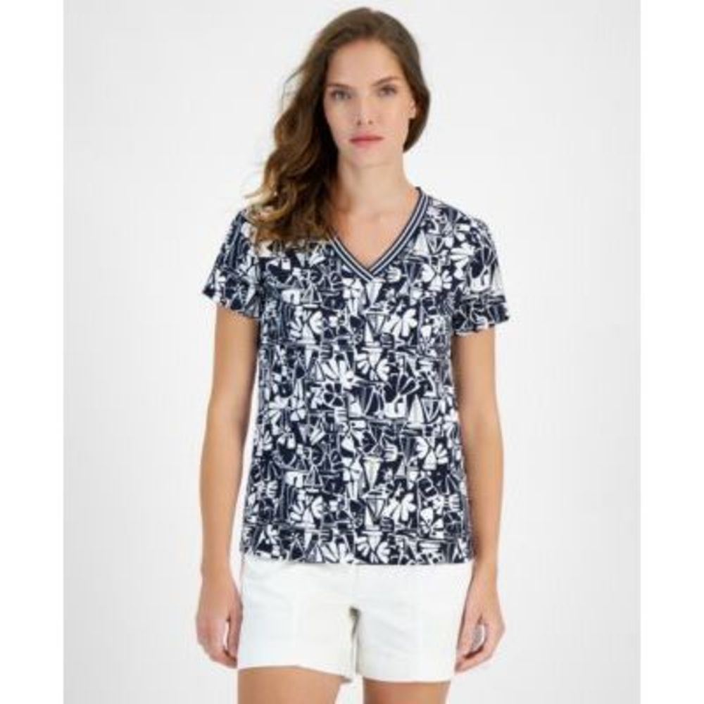 Nautica Jeans Womens Printed V-Neck Short-S Nigh Skyb XS